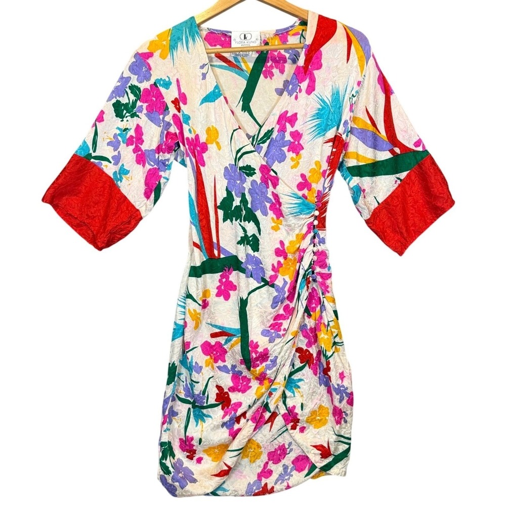 Flora Kung Silk Faux Wrap Dress Womens Tropical Floral Jacquard Mini 2 White